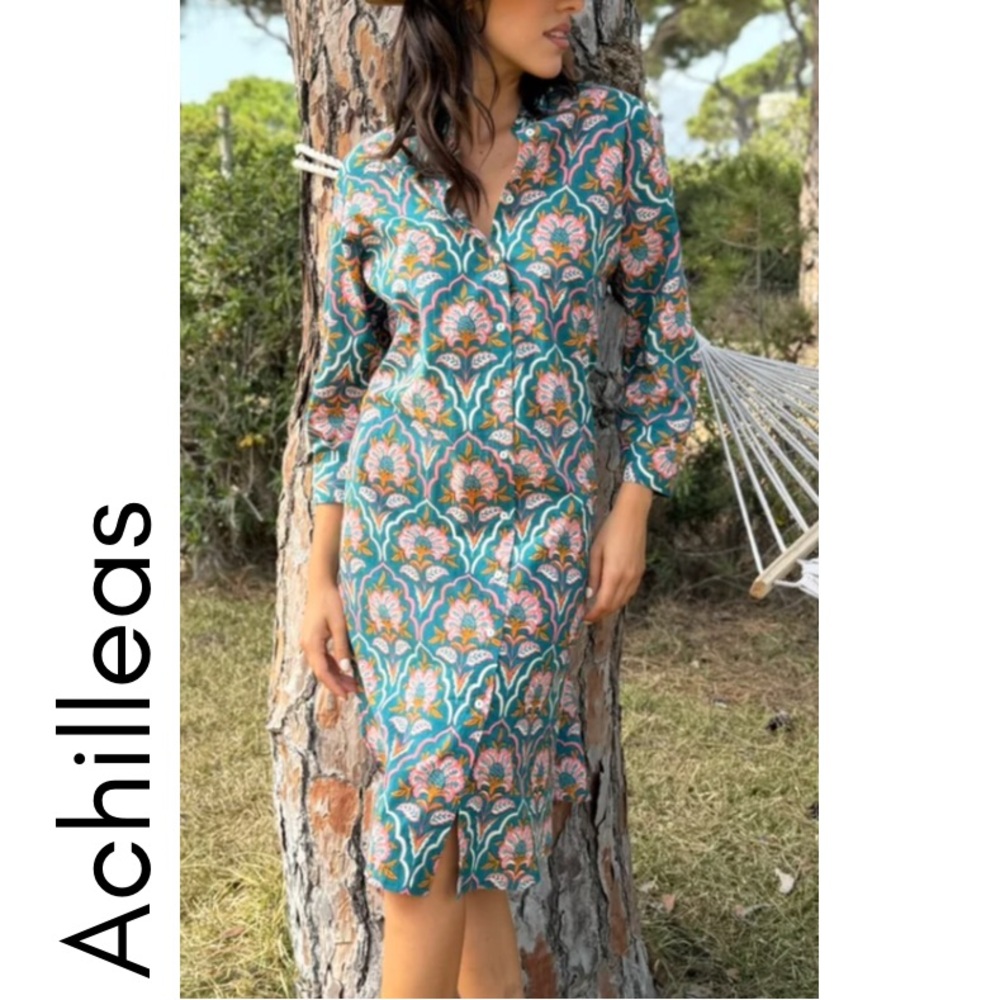 Teal & Pink Floral Shirt Dress Size M / L